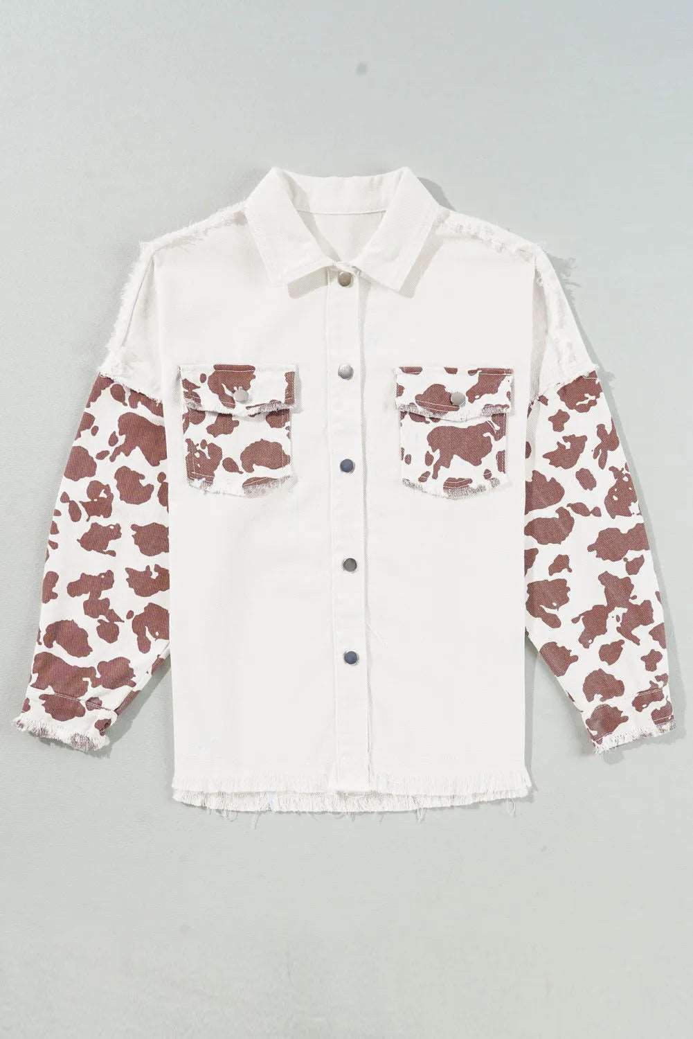 Raw Hem Animal Print Long Sleeve Denim Jacket